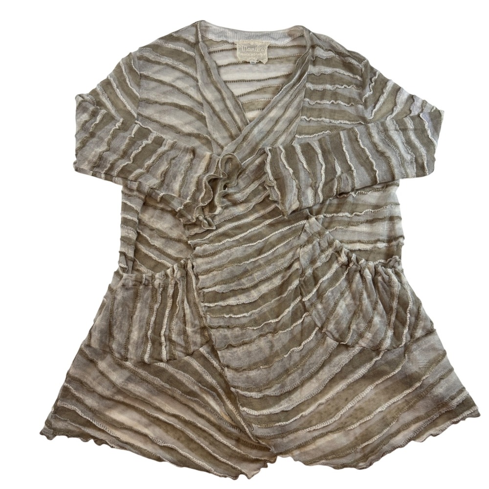 Marilu Made in Italy Linen Cardigan Women's Medium Tan White Striped Ruffle Boho